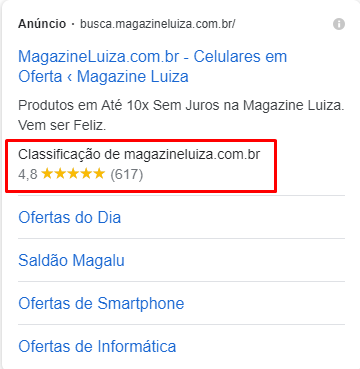 Exemplo de extensão de avaliação do google ads