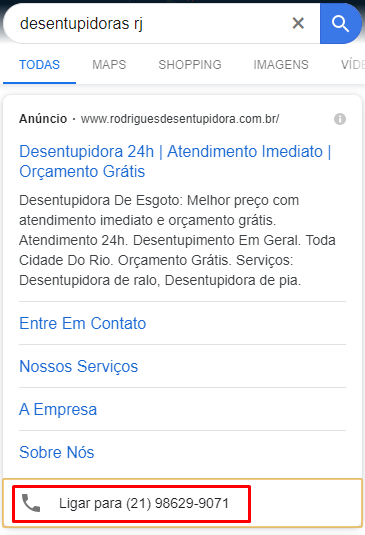Exemplo de extensão de chamadas do google ads
