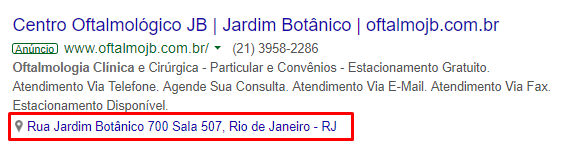 Exemplo de extensão de local do google ads