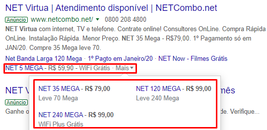 Exemplo de extensão de preço do google ads