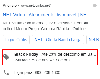 Exemplo de extensão de promoção do google ads