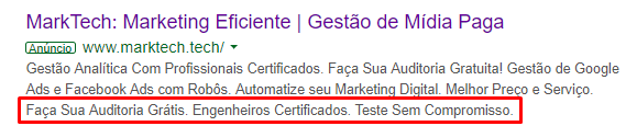 Exemplo de extensão de frases de destaque do google ads