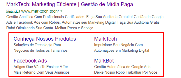 Exemplo de extensão de sitelinks do google ads