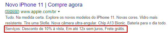 Exemplo de extensão de snippets estruturados do google ads